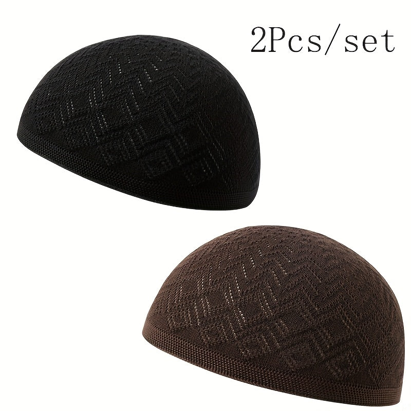 2pcs/Set Men'S Muslim Kufi Cap, Breathable Knitted Polyester Prayer Hat, Lightweight Middle Eastern Arab Traditional Headwear, Adjustable Toggle Closure, Machine Washable, Ramadan Celebration