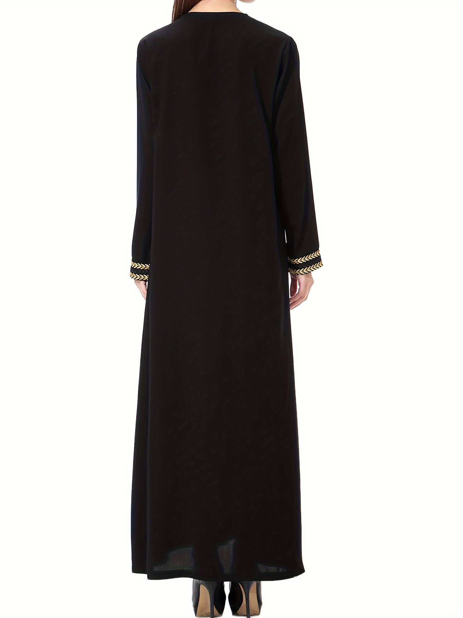 [Navy Blue Kaftan] Navy Blue Muslim Kaftan Dress | Elegant, Golden Embroidery, Sleeve, Loose Fit, Maxi Length, Hijab-Friendly Design, All-Season Wear