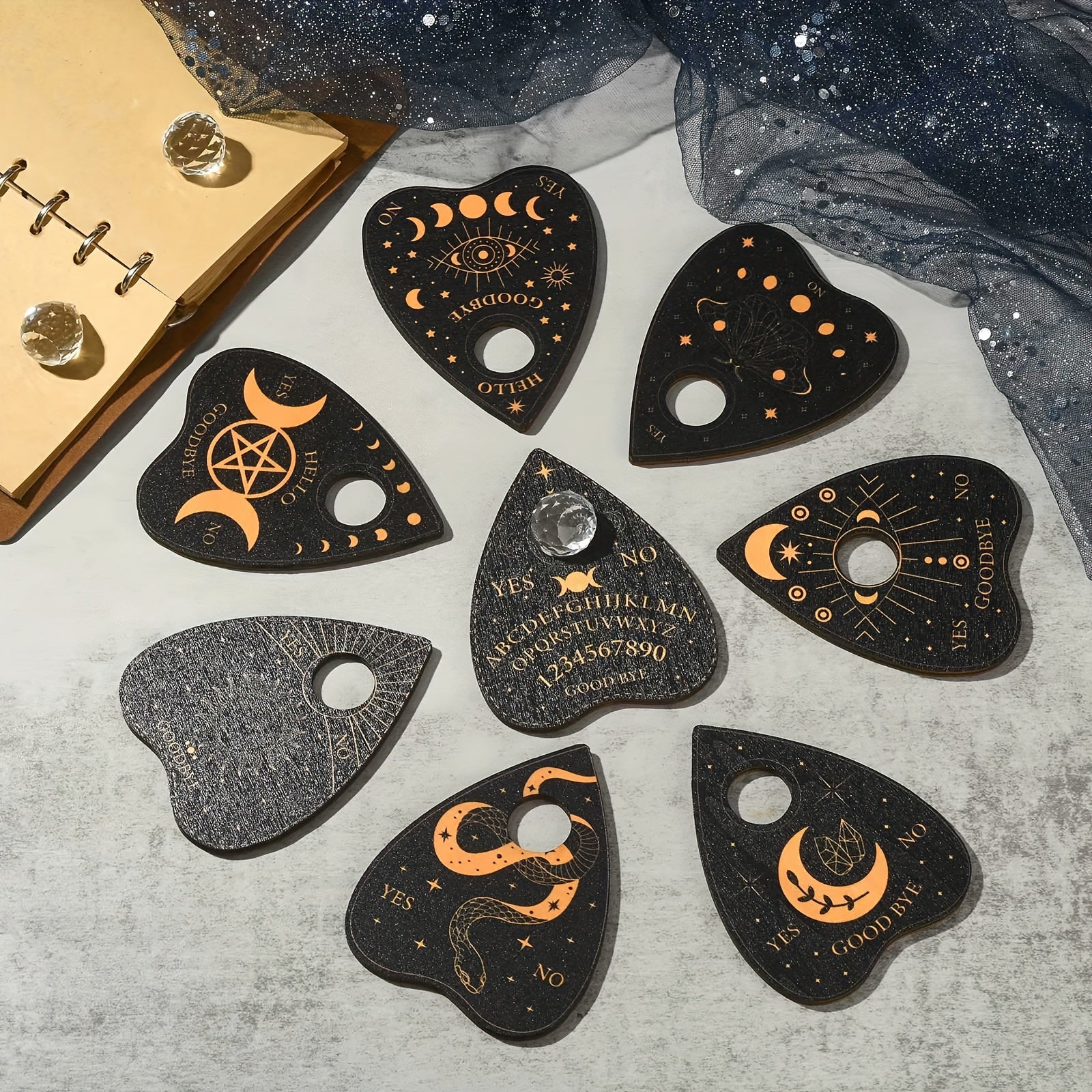 Vintage Wooden Heart-Shaped Planchettl Set, 8pcs - Mystical Ouija Design, Spirit Board Style Stands for Divination Tools, Engraved Astrological Symbols, No Power Supply Needed