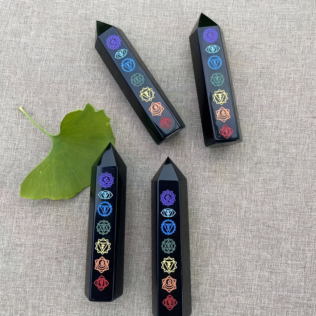 Seven Chakra Obsidian Rune Pillar - Hexagonal Crystal Tower, Gemstone for Home And Office Decoration