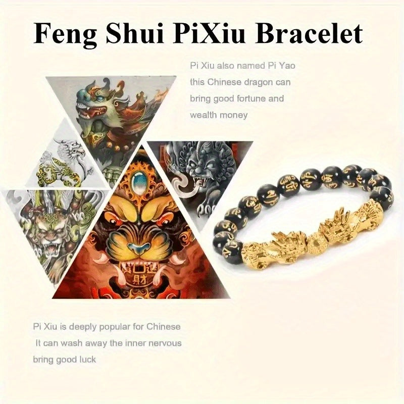 3pcs Feng Shui Lucky Bracelet Suitable for Men and Women Natural Stone Double Pixiu Design Bracelet for Wealth Attraction Obsidian Buddha Bead Six Character Mantra for Wealth Attraction Bracelet