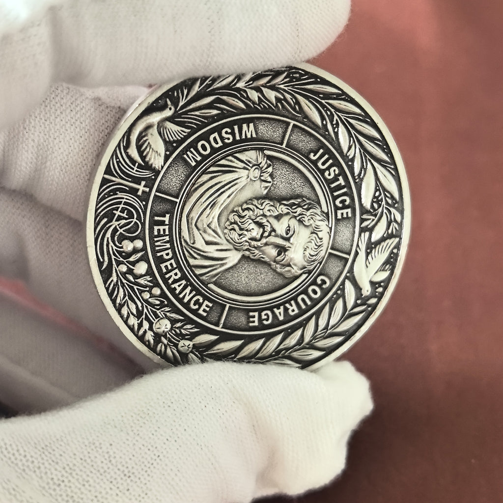 The Four Cardinal Virtues Stoic Coin: Emblem of Christian Ethical Principles - Inspirational Daily Reminder for Stoicism Enthusiasts and Thoughtful Gifts