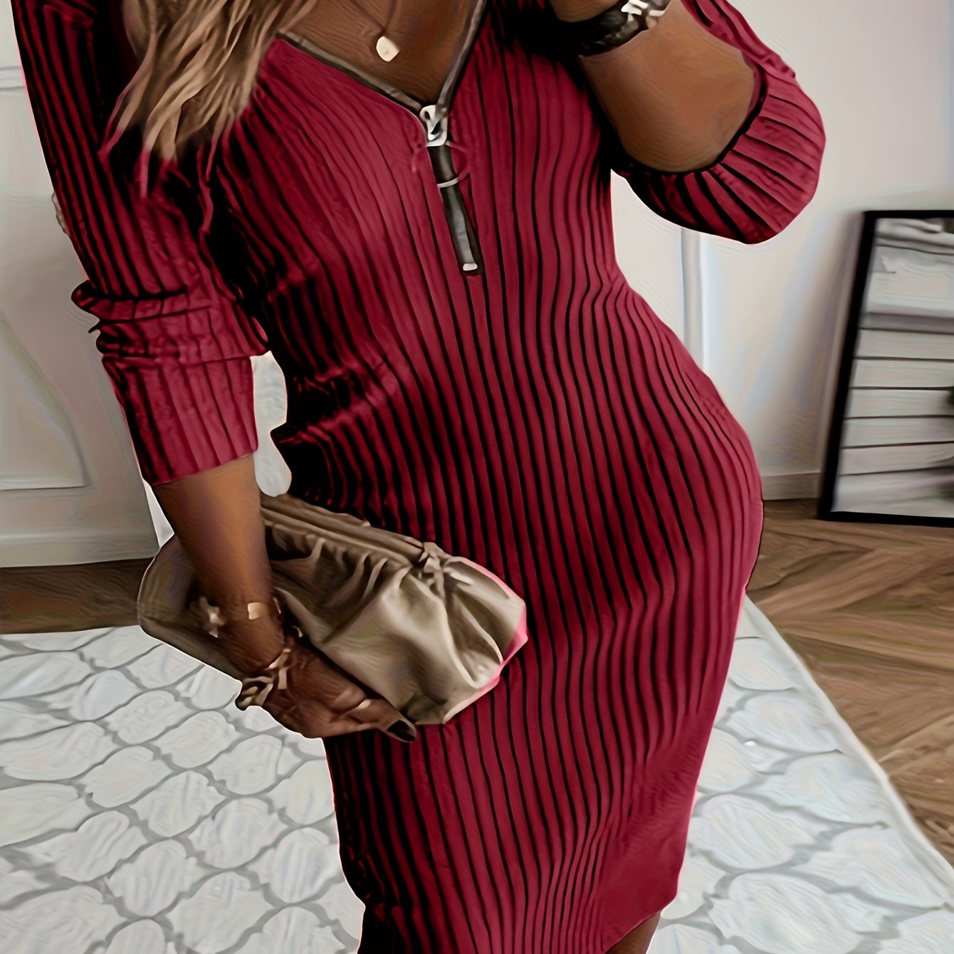 Plus Size - Plus Size - Plus Size, Women'S Plus Size Elegant V-Neck Long Sleeve Dress - Fitted Stretchy Solid Color with Zipper Back, Machine Washable Fall Winter Casual to Formal Wear, Long Sleeve Dresses For Women, Plus Siz