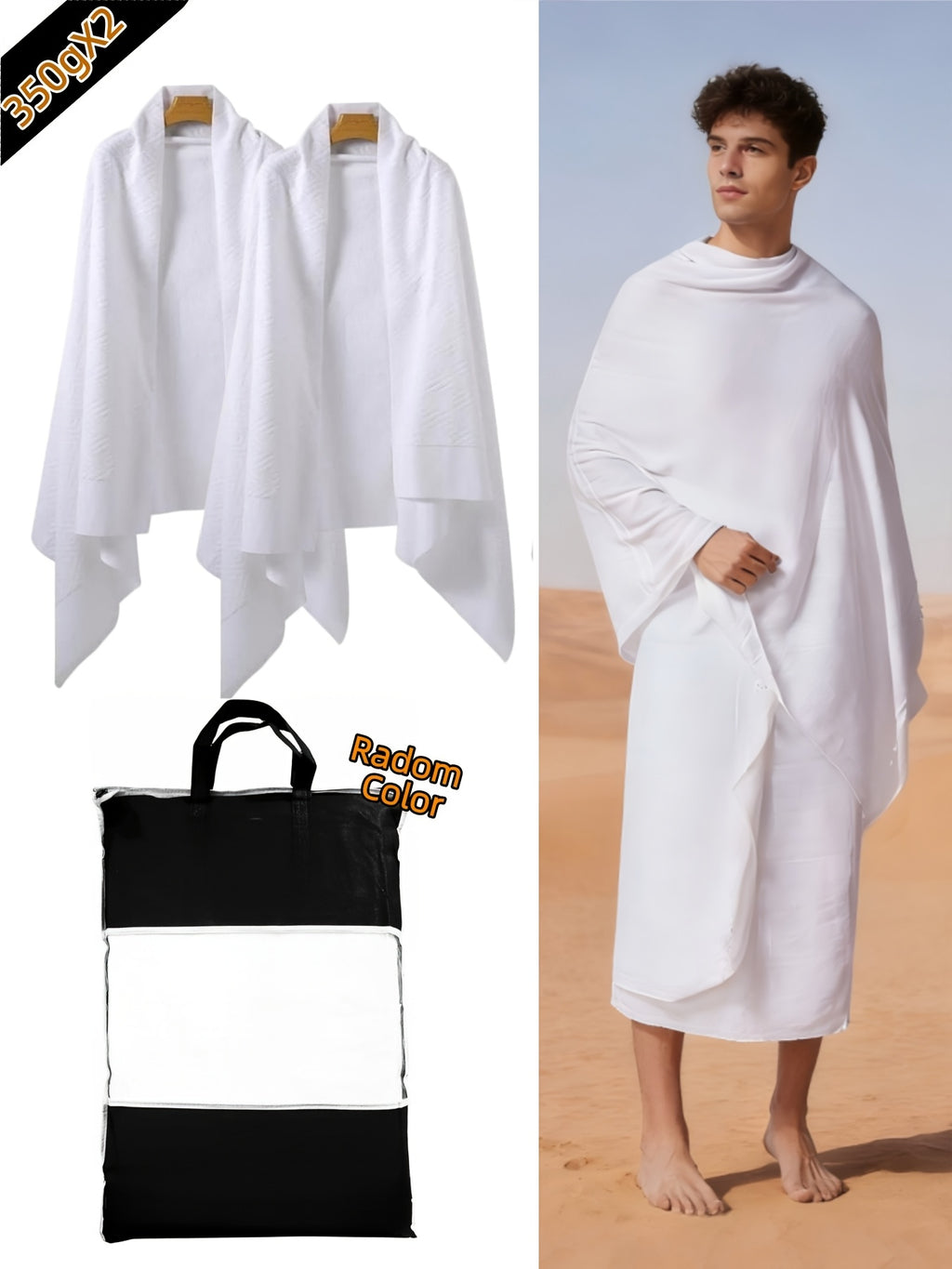[Muslim Prayer Towel Set] 2pcs/1set Muslim Men's Prayer Towel Adult White Arab Traditional Towel Islamic Pilgrimage Towel Prayer Shawl with Tassels Men's Clothing Gift White Eid al-Fitr Gift Comes with Exquisite Storage Bag 4