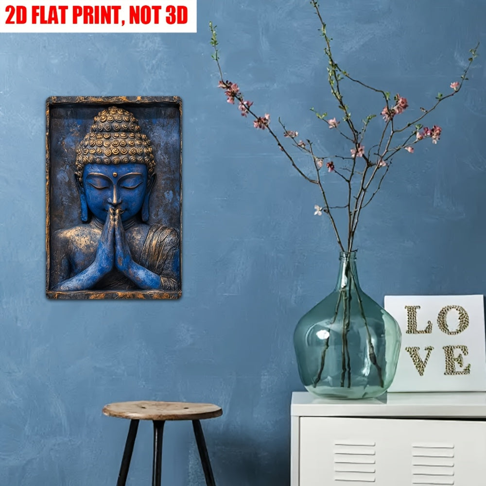 2D Flat, 1pc, 2D Flat Retro Blue Buddha Statue Prayer Hand Metal Wall Art, 8X12 Inches, Metal Plaque Decorative Medal and Statue Printing, Suitable for Yacht, Living Room, Fitness, Home Furnishings, Courtyard, Coffee Shop Wal