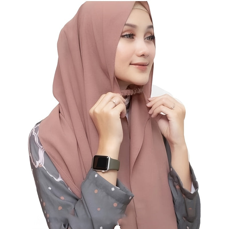 Large Rectangular Solid Color Chiffon Hijab Scarf with Elastic Band - Breathable & Lightweight, Perfect for Ramadan & Muslim Festivals, Easy to Wear as a Shawl or Wrap