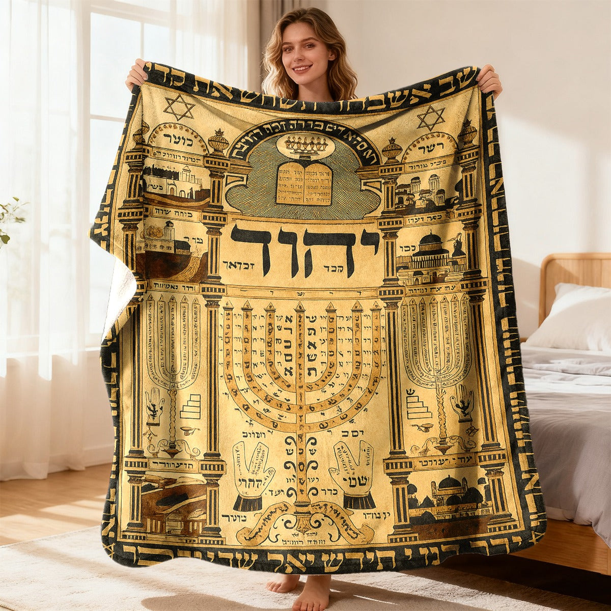 Vintage Mid-Century Modern Hebrew Design Flannel Throw Blanket - Soft Ultrasound-Pressed Star of David & Menorah Bedspread Suitable for Bed, Sofa, Office & Travel - All-Season Cozy Jewish Cultural Blanket