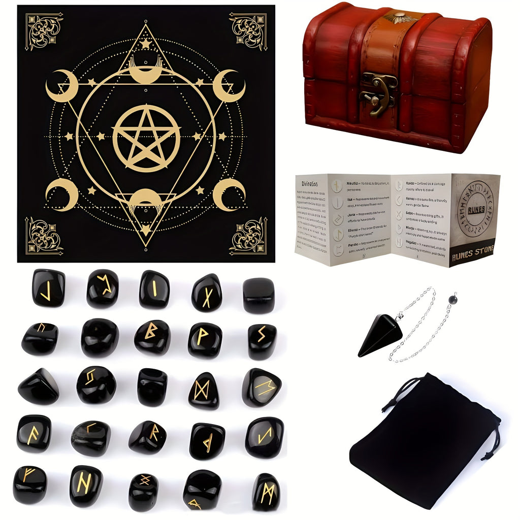 A Nordic Rune Set Featuring Crystal Rune Stones, Including 25 Rune Stones, a Pendant, And a Carved Wooden Board. Elegant And Exquisite