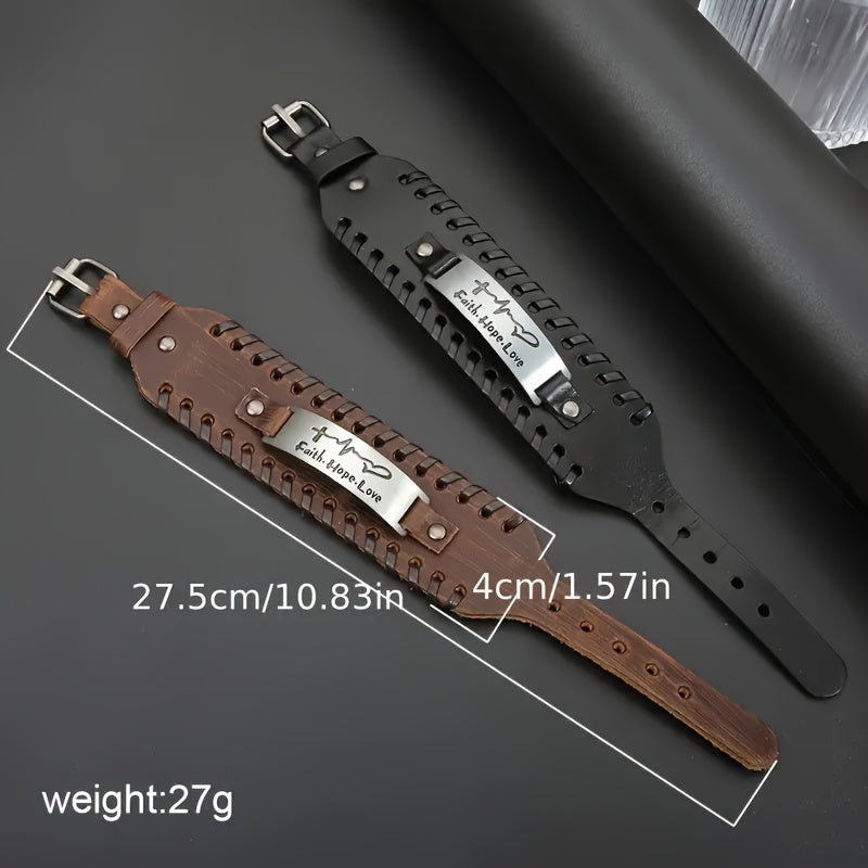 Religious Christian Leather Bracelet - Bible Verse Leather Cuff Wristband of Faith Hope Love