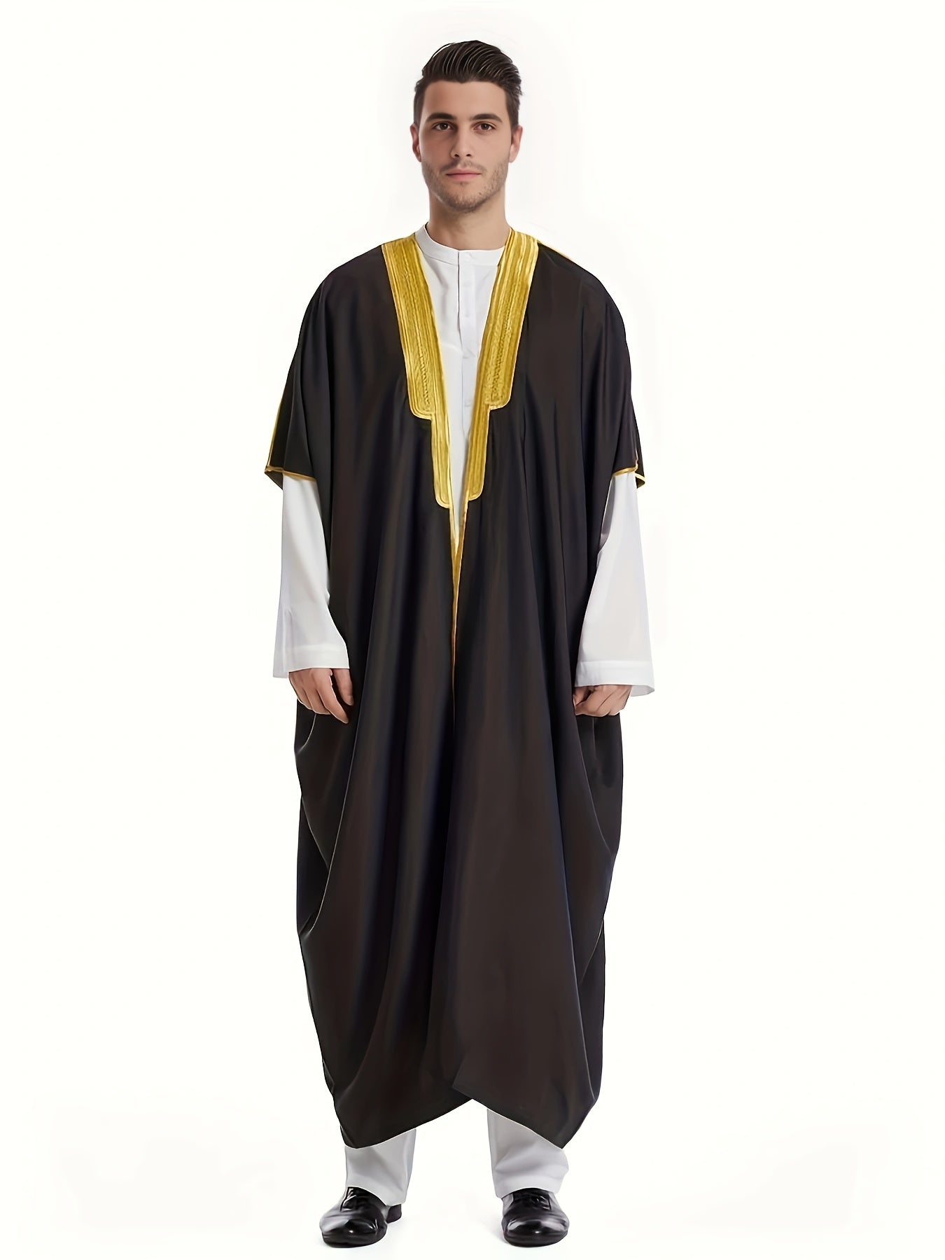 Men's Muslim Ethnic Style Golden Stripe Pattern Long Sleeve Scholar Robe With Open Placket, Suitable For Height Between 168 To 72.83 Inch, Chic And Stylish For Formal Occasions
