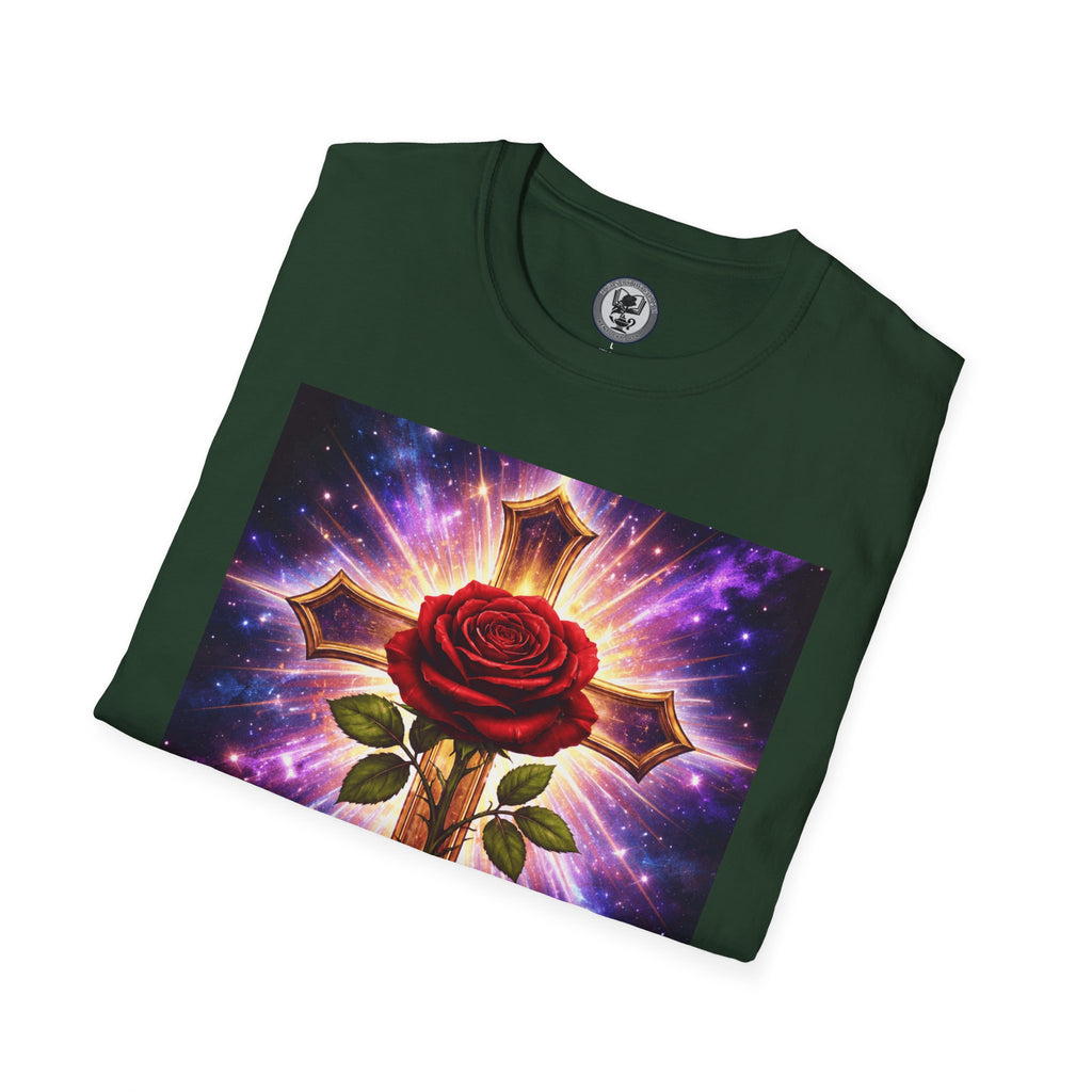 Cosmic Rose Cross T-Shirt — Rosicrucian Spiritual Floral Cross Graphic Tee