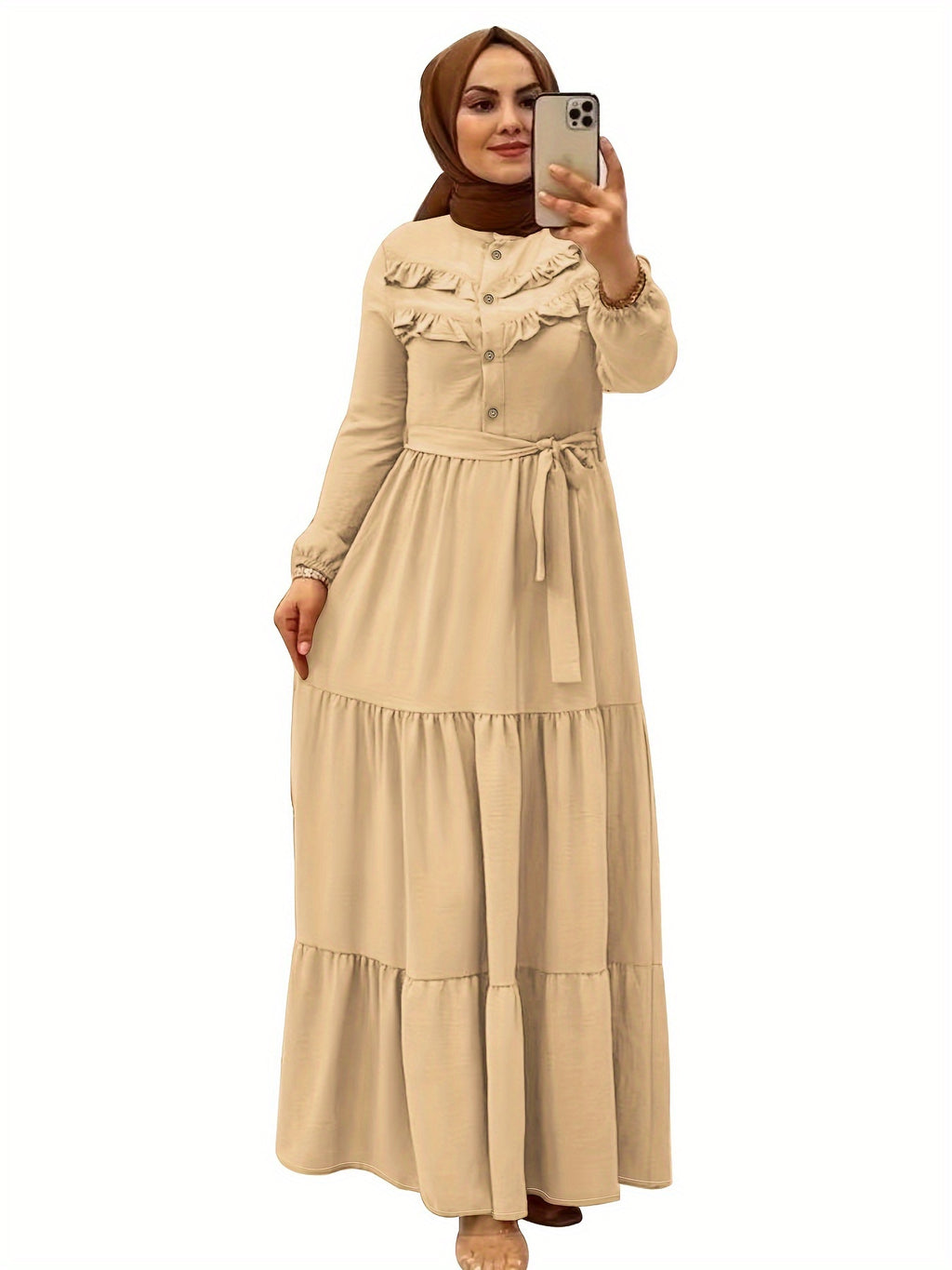 Elegant Light Green Maxi Dress for Muslim Women - Casual Solid Color with Ruffle Hem & Button Detail, Polyester Blend, Machine Washable - Hijab Not Included