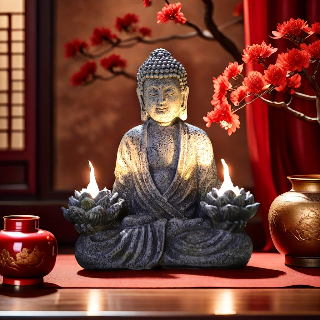 Solar-Powered Buddha Statue with Lotus LED Light – Zen Home Decor for Meditation Room, Living Room & Indoor Spaces, Durable Stone-Like Resin Ornament, Serene Ambiance Lighting, Meditation Room Decor | for Lotus Flower Desig