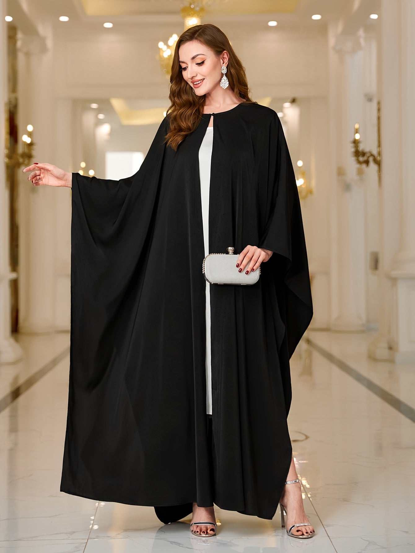 Button Front Batwing Sleeve Modest Dress, Elegant Loose Solid Color Cloak Maxi Muslim Outwear, Women's Clothing
