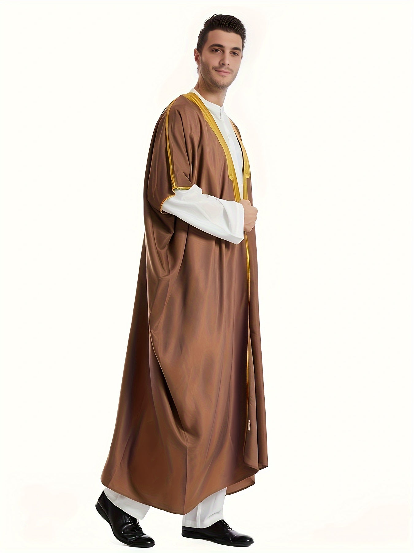 Men's Muslim Ethnic Style Golden Stripe Pattern Long Sleeve Scholar Robe With Open Placket, Suitable For Height Between 168 To 72.83 Inch, Chic And Stylish For Formal Occasions