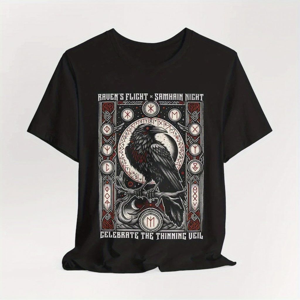 Samhain Night Celtic Norse Pagan Gothic Metal Halloween Raven Viking Odin T-Shirt - 100% Cotton Unisex Casual Tee with Rune Magic Design, Machine Washable Regular Fit Short Sleeve Round Neck, Spiritual Theme Apparel, Mystical