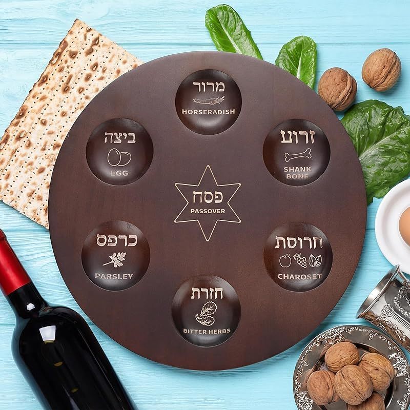 12 Inch Wooden Passover Seder Plate with Hebrew פסח and English Etched Design with Sections for Seder Ceremonial Foods Passover Jewish Party Pesach Table Traditional Judaism Decoration