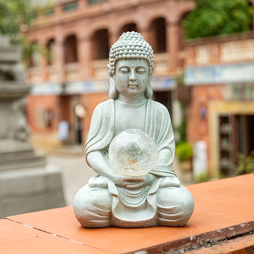 1pc Sacred Solar Lamp Buddha Statue, Buddha Ornament, Solemn Buddhist Figure Statue, Suitable For Placing In Living Rooms, Offices, And Outdoor Gardens, Gifts Of Faith