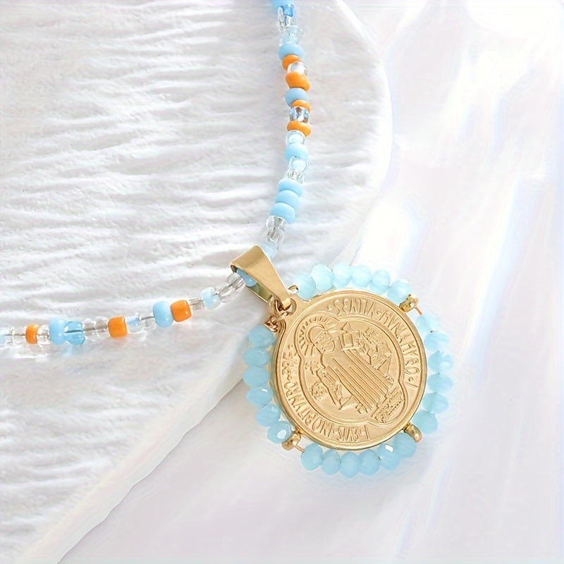 4pcs/set Christian Saint Benedict Pendant Women Girls Boho Style Beaded Rainbow Bead Necklace Saint St. Benedict Cross Amulet Jewelry