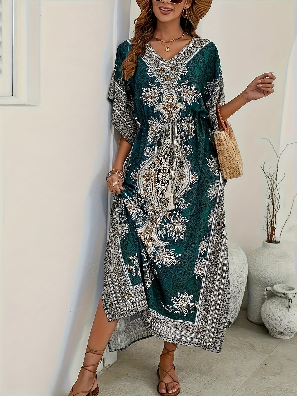 Women's Middle Eastern Muslim Abaya, Loose V-Neck Beach Bohemian Party Dress