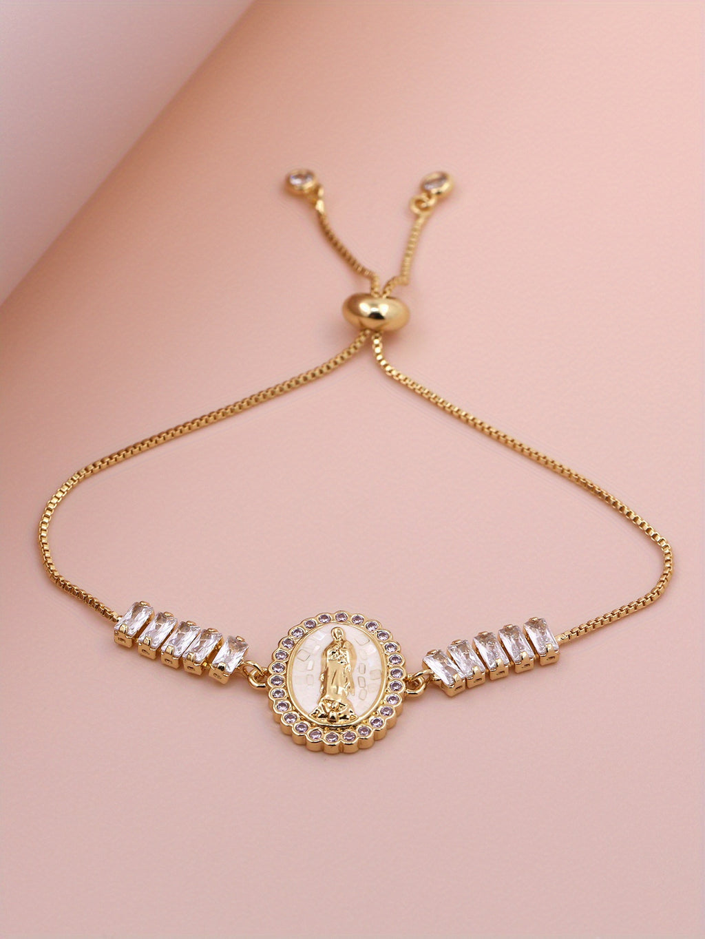 1pc Elegant White Shell Virgin Mary Adjustable Tennis Chain Link Bracelet for Men & Women, Christian Religious Round Jesus Virgin Mary Charms Jewelry