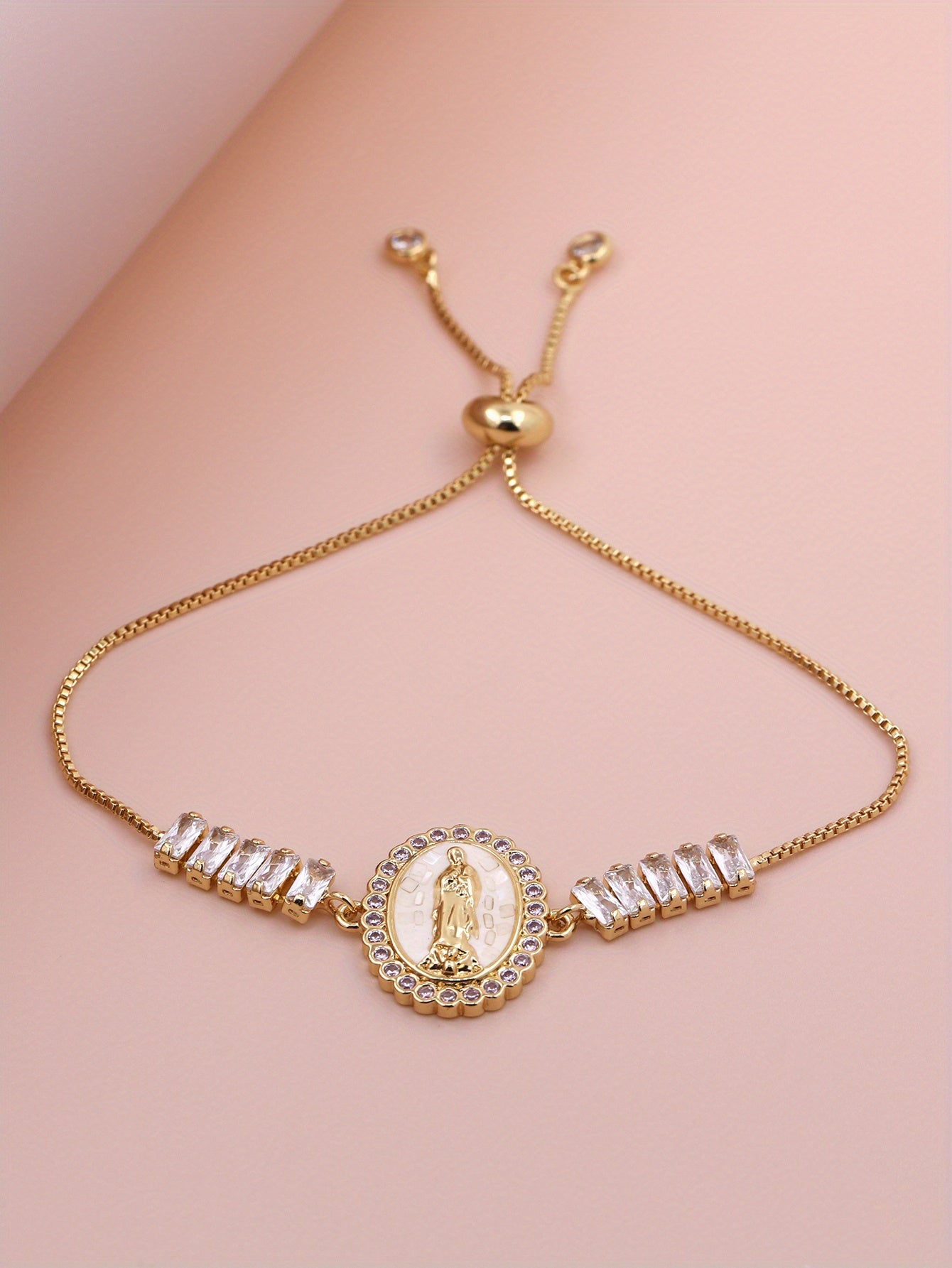 1pc Elegant White Shell Virgin Mary Adjustable Tennis Chain Link Bracelet for Men & Women, Christian Religious Round Jesus Virgin Mary Charms Jewelry