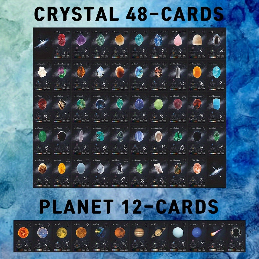 Crystal Healing & Planet Oracle Cards Deck - 60 Card Stock Divination Cards with Guidebook for Astrology & Energy Work, Educational Tarot Game for Adults, Teens 14+