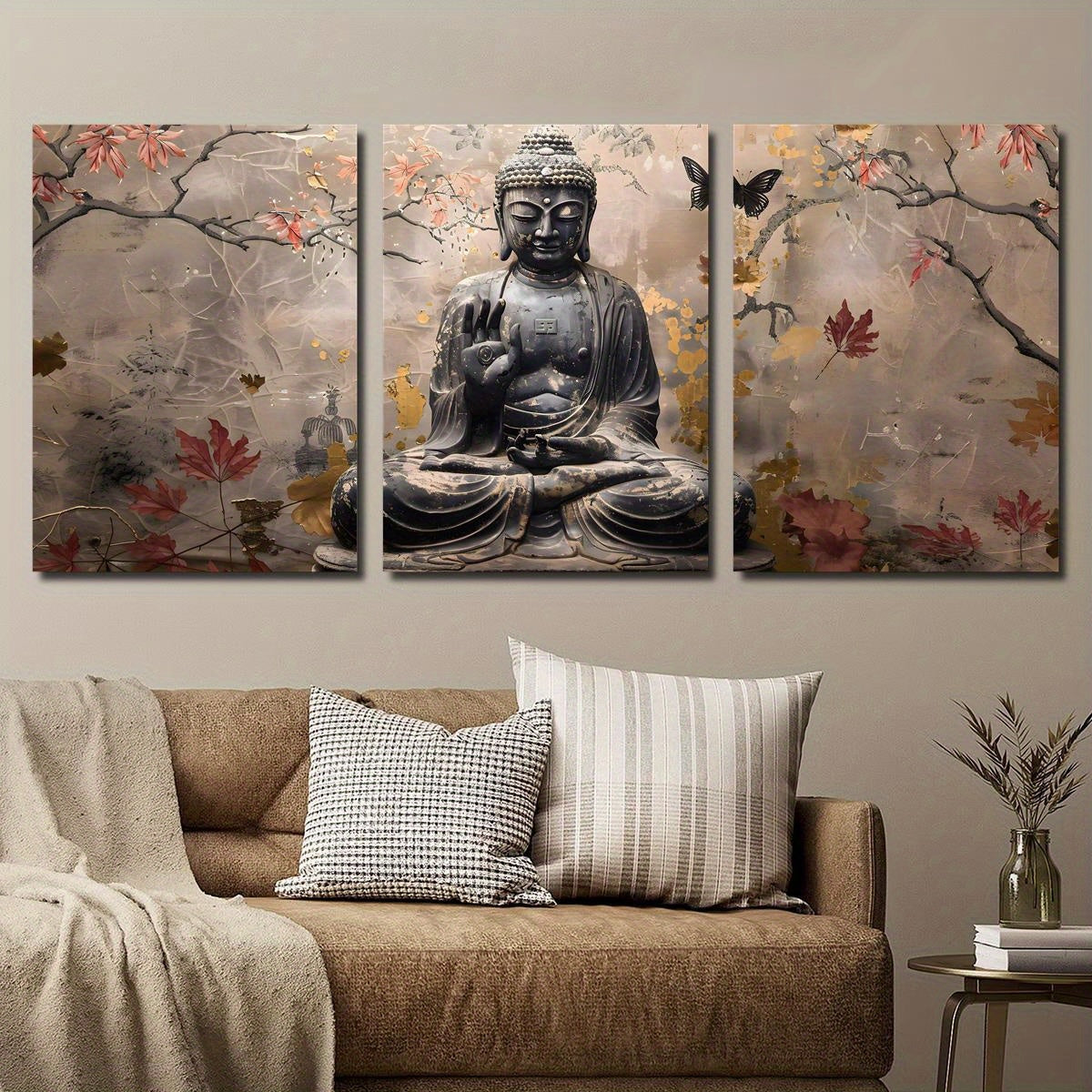 2D Flat, 3pcs wood framed canvas print art, 2D Flat, Painting of Buddha statue in autumn tranquility, sepia and Golden art, religious poster, Suitable for home wall decoration, 2D Flat, Perfect for Room Decor