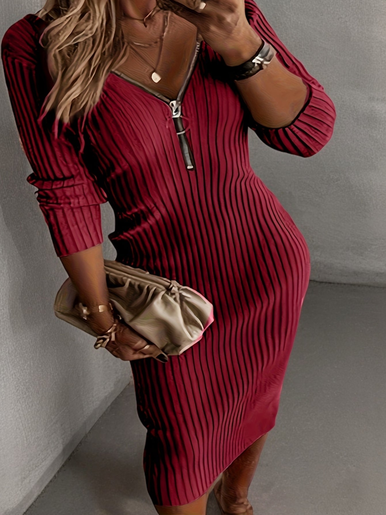 Plus Size - Plus Size - Plus Size, Women'S Plus Size Elegant V-Neck Long Sleeve Dress - Fitted Stretchy Solid Color with Zipper Back, Machine Washable Fall Winter Casual to Formal Wear, Long Sleeve Dresses For Women, Plus Siz