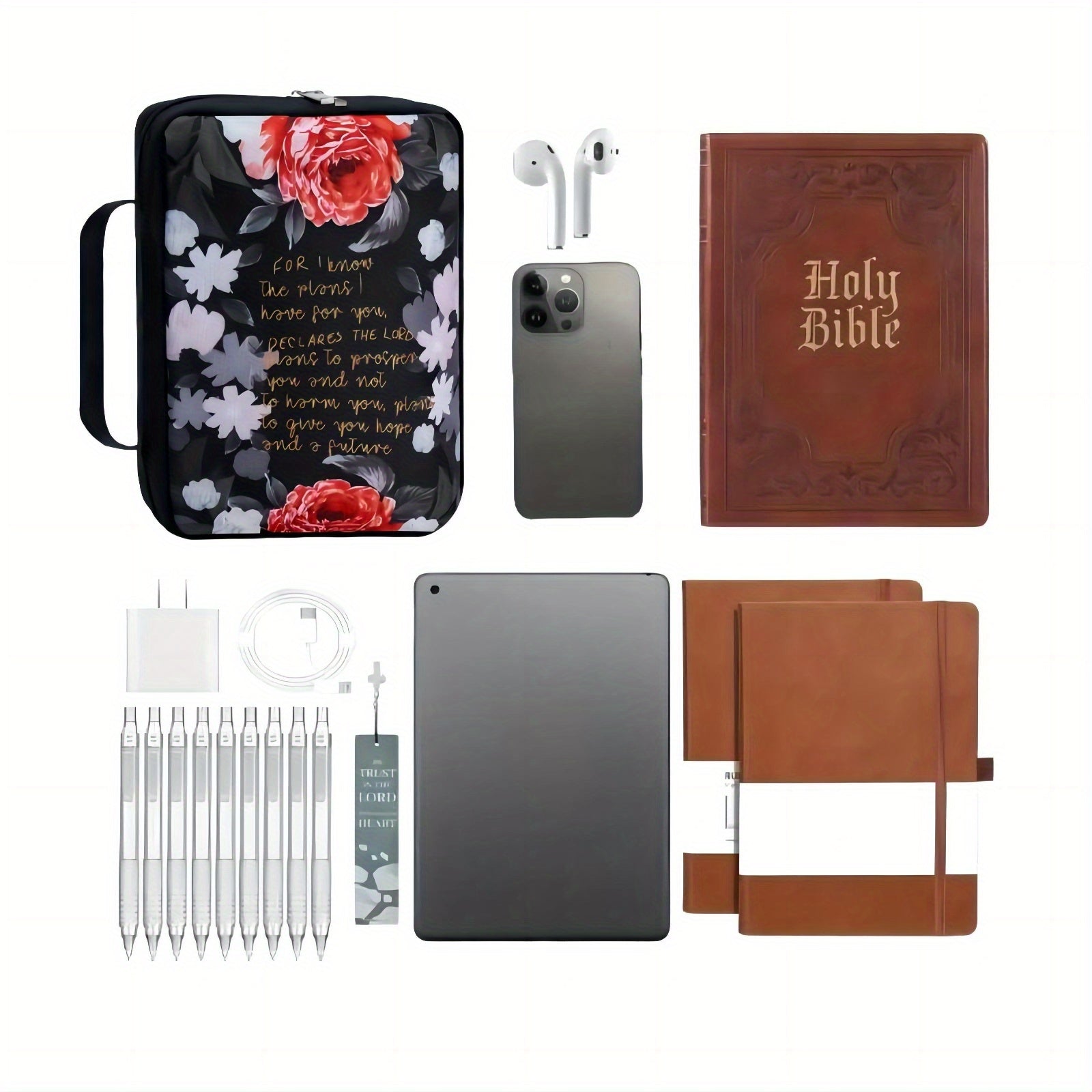 Floral Polyester Bible Cover with Handle, Carrying Organizer Bag, Christian Study Bible Case with Pockets and Bookmark - Protective Scripture Tote for Girls and Women