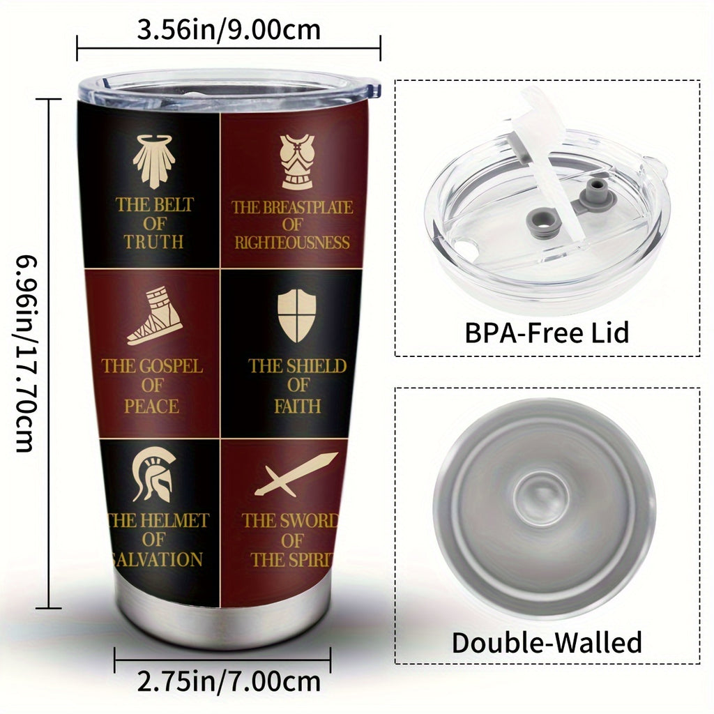 Christian Armor of God 20oz Stainless Steel Tumbler - Religious Inspirational Gift for Men and Women - Double Wall Vacuum Insulated Metal Coffee Mug with BPA-Free Lid for Fathers Day, Birthdays, Seasonal Decor Without Feather