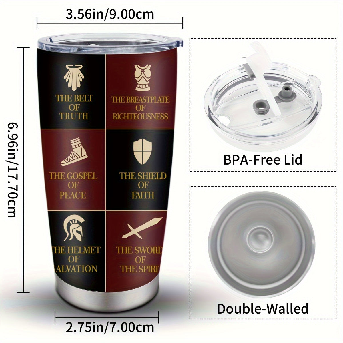 Christian Armor of God 20oz Stainless Steel Tumbler - Religious Inspirational Gift for Men and Women - Double Wall Vacuum Insulated Metal Coffee Mug with BPA-Free Lid for Fathers Day, Birthdays, Seasonal Decor Without Feather