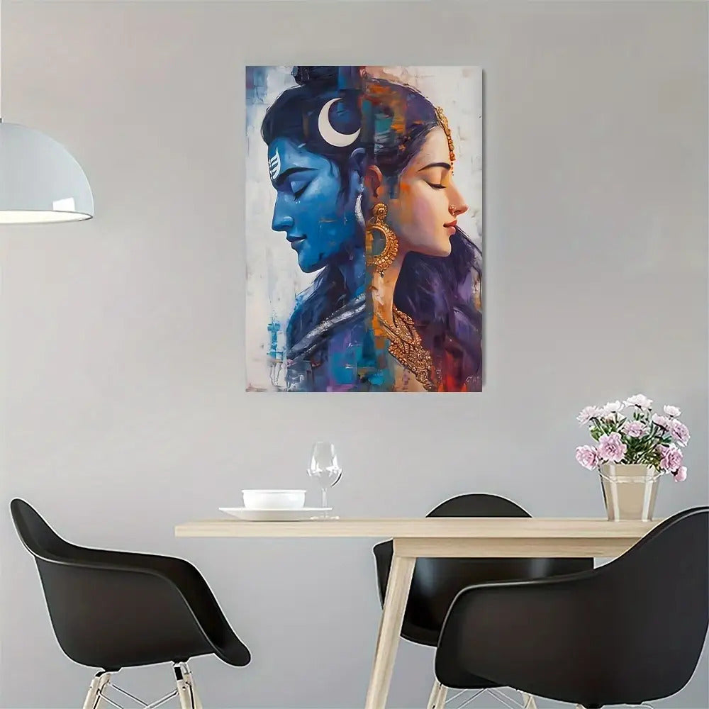 1pc Shiva & Shakti Hindu Gods Wall Art - 11.8x15.7 Inch (30x40cm) Indian Goddess Parvati & Shiva on Canvas with Wood Frame, Spiritual Diwali Decor, Ready-to-Hang Cultural for Living Room, Bedroom, Office - Hindu Deity, 2D Fla