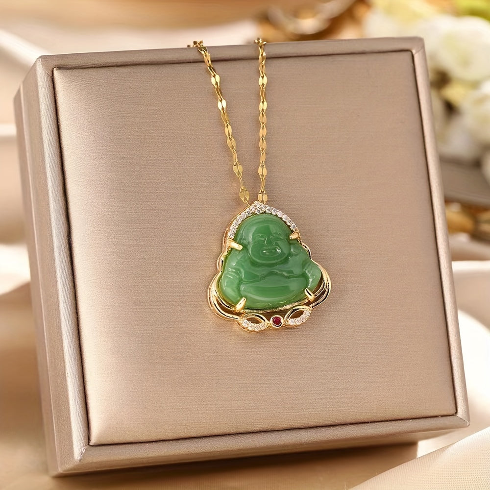 1pc Retro Imitation Jade Buddha Pendant Necklace Classic Versatile Synthetic Gems Pendant Jewelry Luck Accessories For Daily Wear, Gift For Friends
