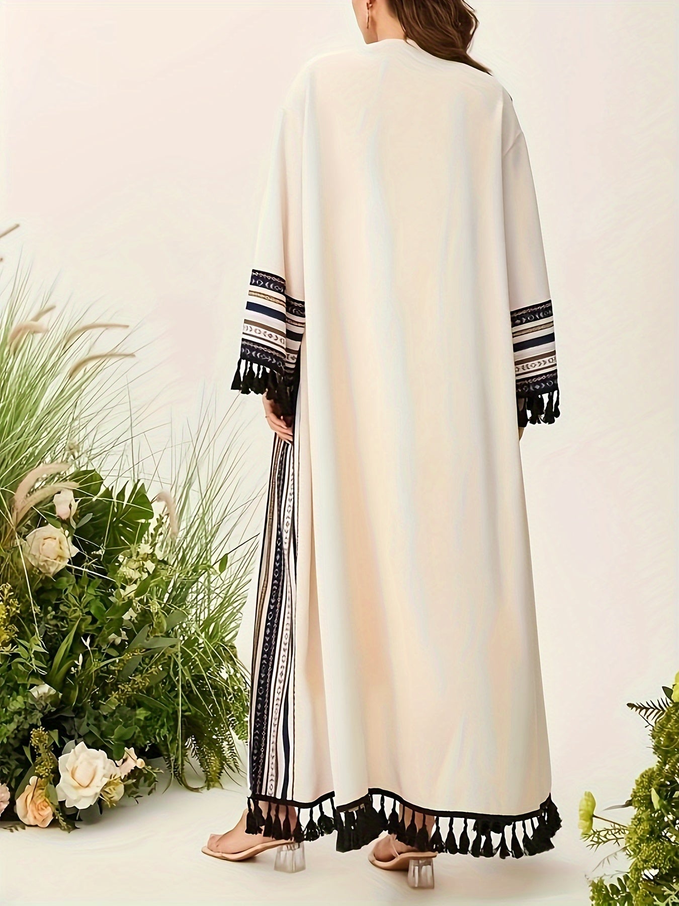 [Open Front Tribal Kaftan Cover] Tribal Pattern Open Front Kaftan Cover Up, Elegant Tassel Hem Long Sleeve Maxi Length Muslim Cover Up, Women's Clothing