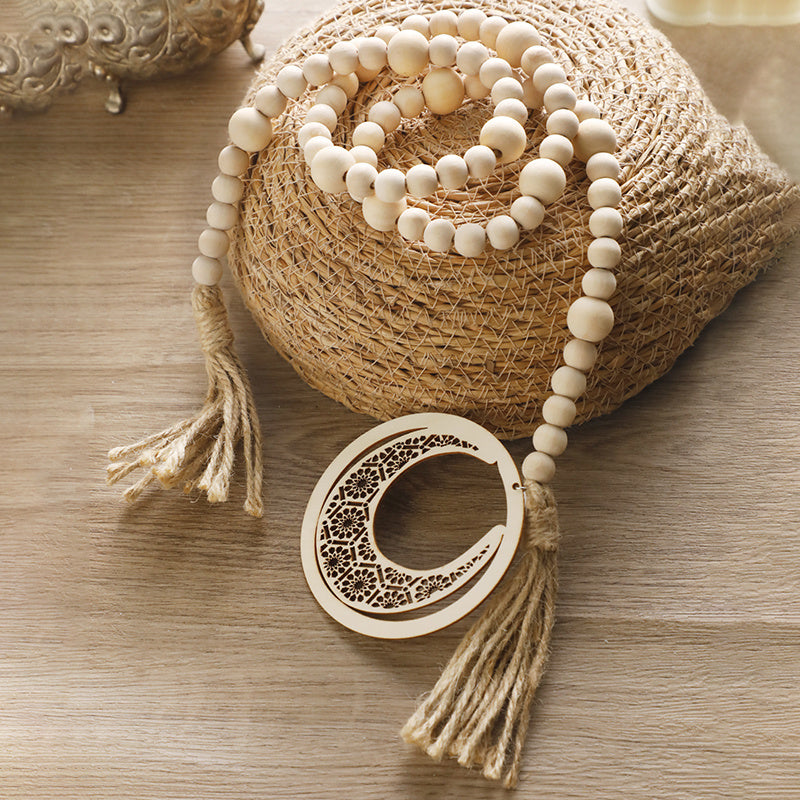 1pc Ramadan Wooden Beads Wall Hanging, Islamic Crescent Moon & Lantern Decor, Eid Al-Fitr Mubarak Muslim Ornament, No Electricity Festive Party Decoration, Ideal Gift for Ramadan Celebrations