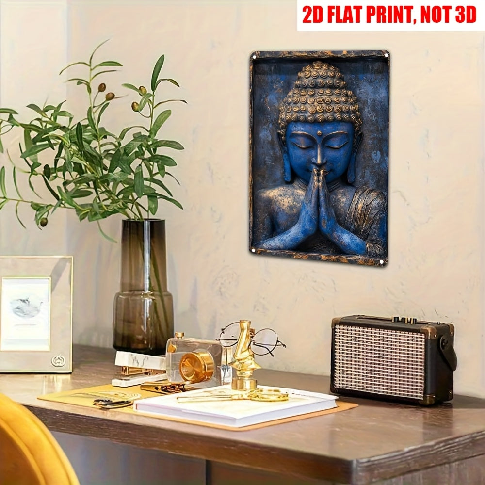2D Flat, 1pc, 2D Flat Retro Blue Buddha Statue Prayer Hand Metal Wall Art, 8X12 Inches, Metal Plaque Decorative Medal and Statue Printing, Suitable for Yacht, Living Room, Fitness, Home Furnishings, Courtyard, Coffee Shop Wal