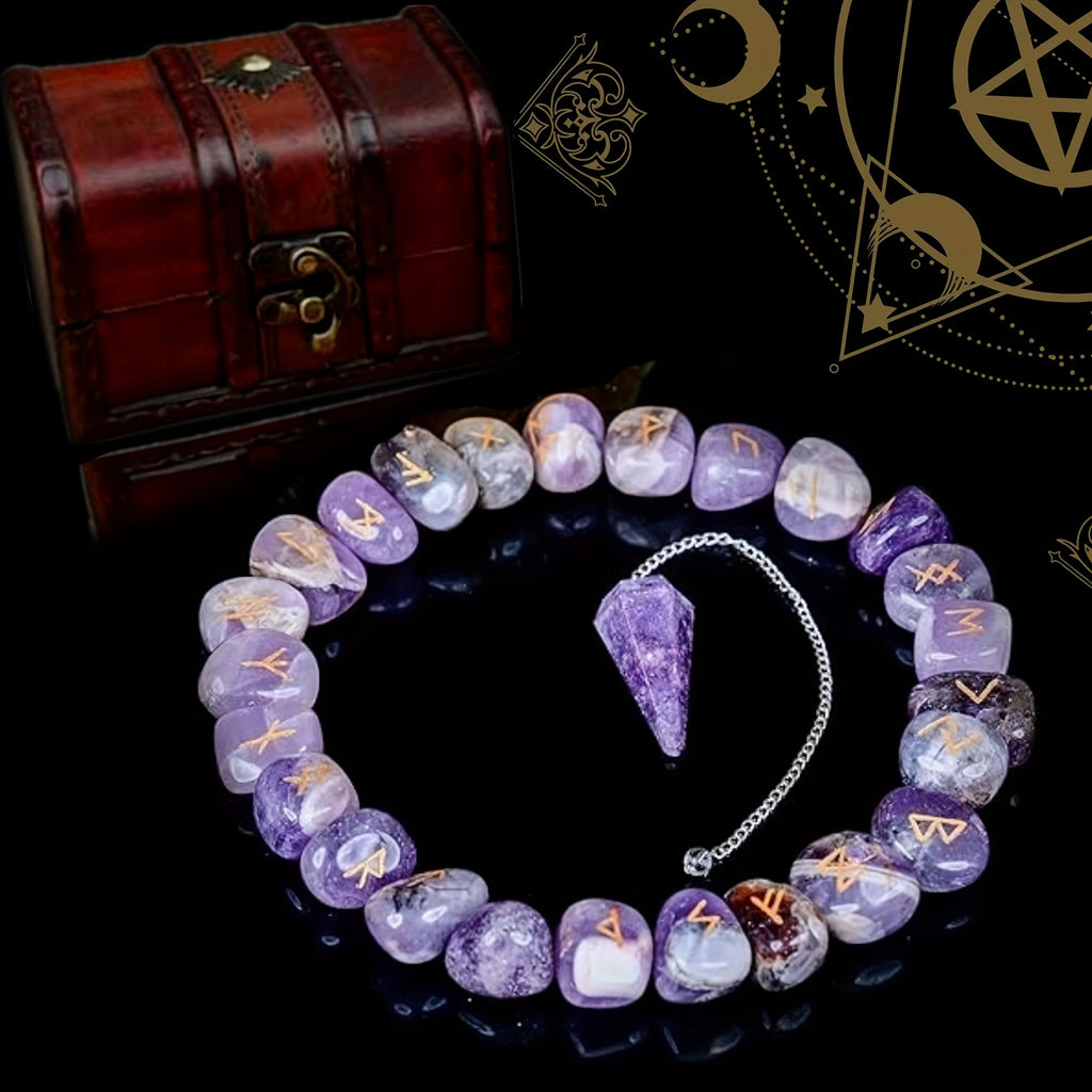 A Set of Crystal Agate Runes Featuring Viking Designs, with Intricately Carved Letters. This Collection Includes 25pcs of Futhark Rune Stones Made from Polished Gems