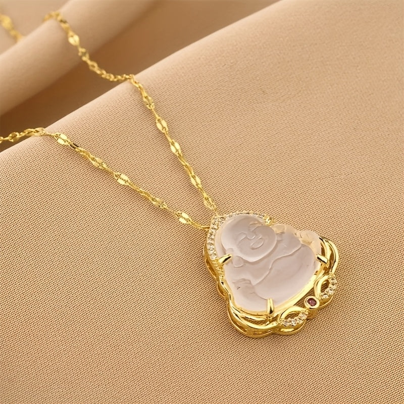 1pc Vintage Chinese Style Titanium Steel Buddha Pendant Necklace with Synthetic Imitation Jade, Lucky Charm Jewelry for Daily Wear & Gift-Giving, Valentine's Day Suitable, Buddha Necklaces