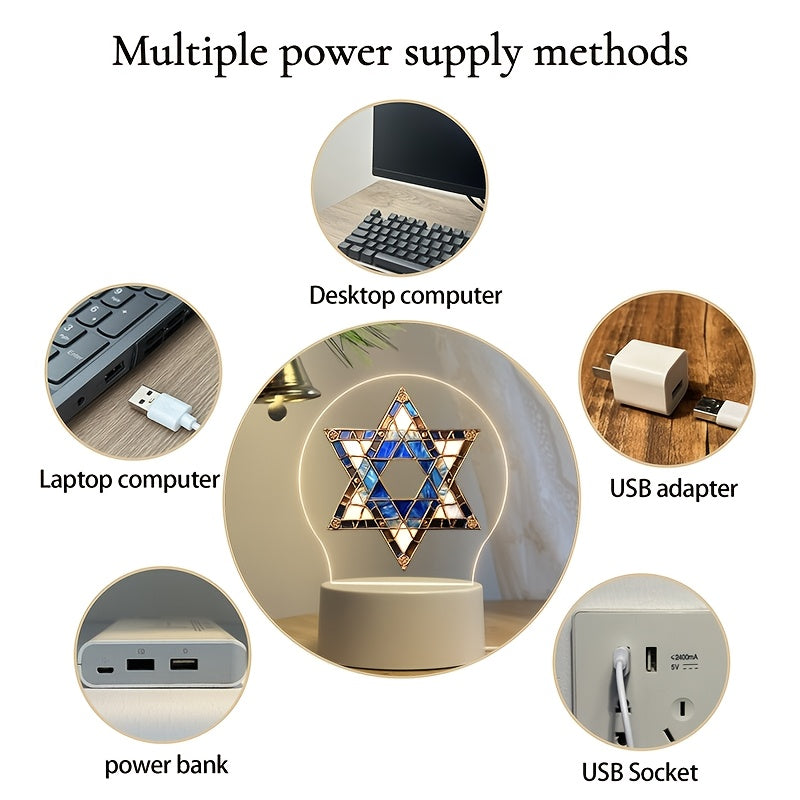 [Star of David Night Light] 1pc Elegant Acrylic Star of David Night Light | LED Table Lamp with Switch, USB Powered, Warm Light | Hanukkah Decoration, Jewish Religious Festival & Home Decor | Ideal Gift for Christmas, Birthda