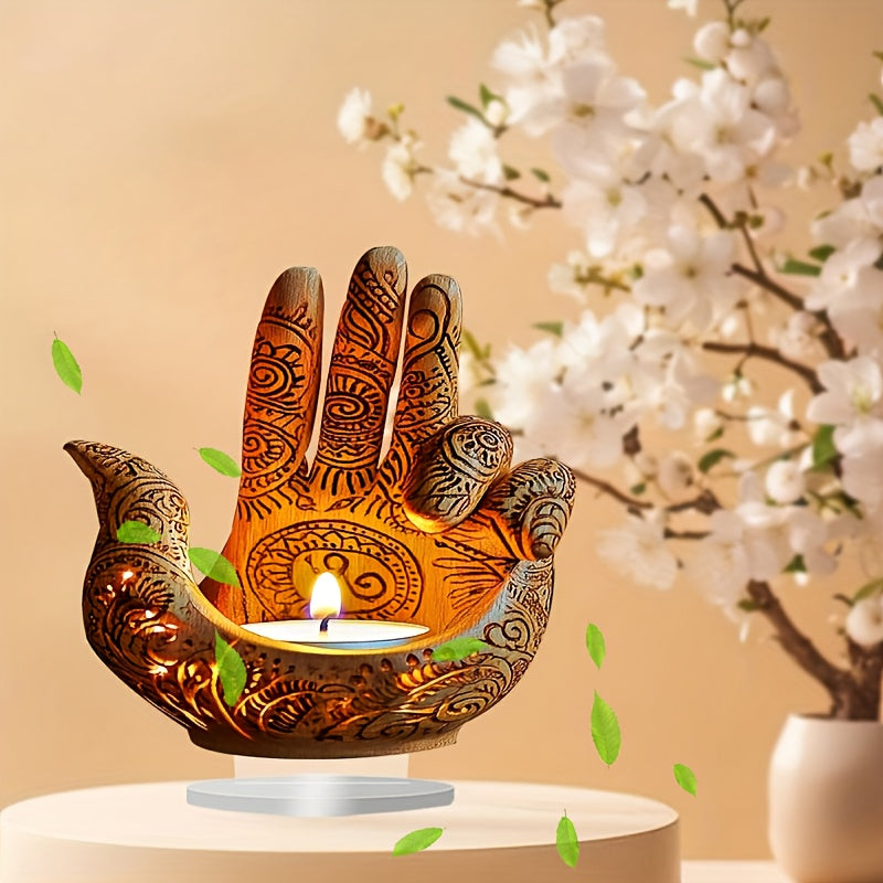 2D Flat A 2D Acrylic Ornament Featuring a Bohemian Style Acrylic Buddha Hand Candle, Measuring 9 Inches by 9 Inches. This Religious-Themed Tabletop Decoration Is Perfect for Home, Office, Or Café Decor, Making It a Wonderful