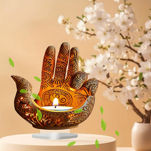 2D Flat A 2D Acrylic Ornament Featuring a Bohemian Style Acrylic Buddha Hand Candle, Measuring 9 Inches by 9 Inches. This Religious-Themed Tabletop Decoration Is Perfect for Home, Office, Or Café Decor, Making It a Wonderful