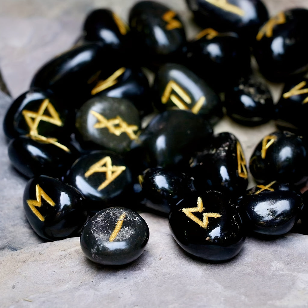 A Set of Crystal Agate Runes Featuring Viking Designs, with Intricately Carved Letters. This Collection Includes 25pcs of Futhark Rune Stones Made from Polished Gems