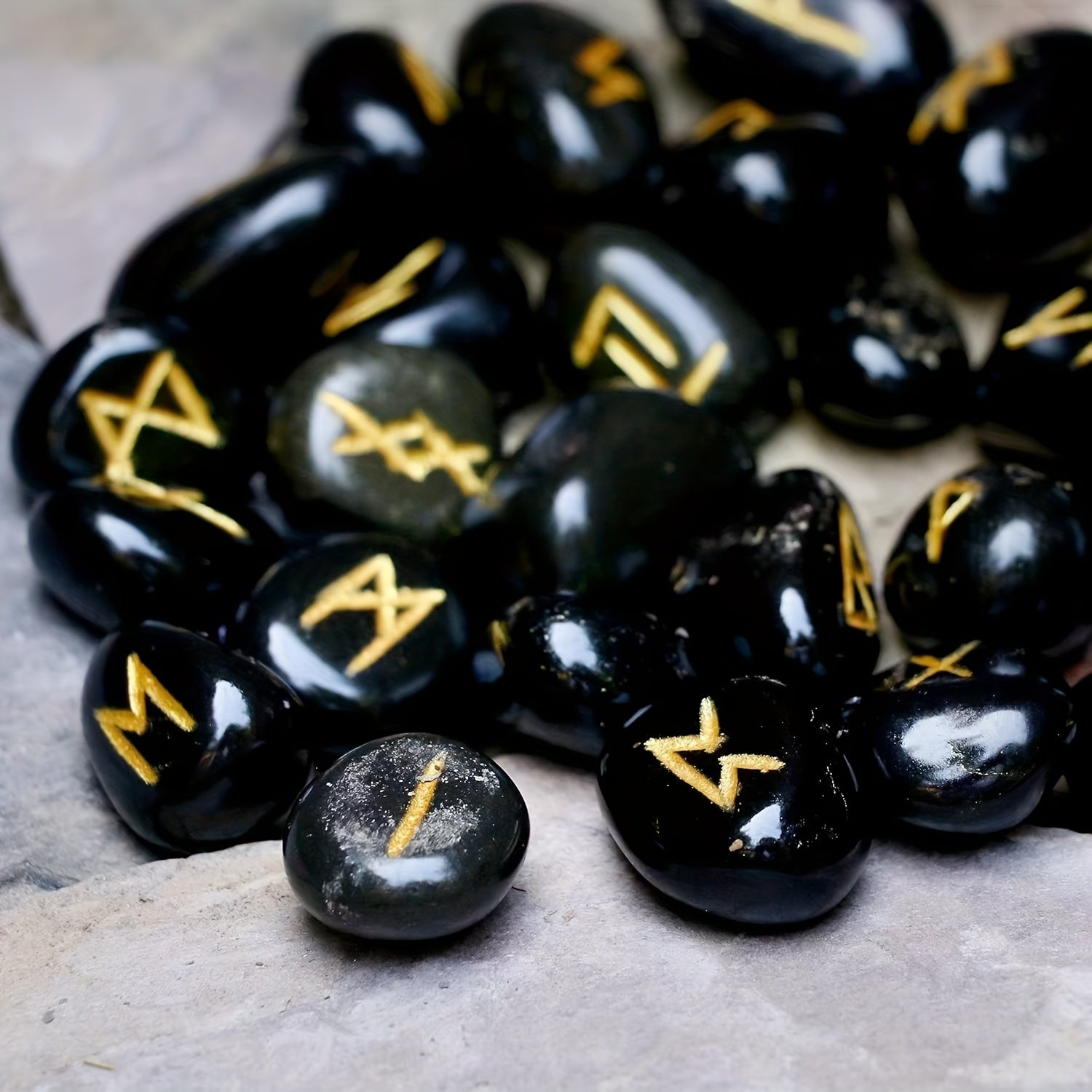 A Set of Crystal Agate Runes Featuring Viking Designs, with Intricately Carved Letters. This Collection Includes 25pcs of Futhark Rune Stones Made from Polished Gems