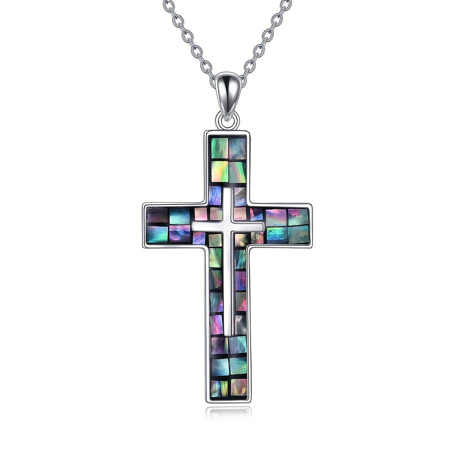 [Sterling Silver Abalone Shell Cross] Hypoallergenic Sterling Silver Cross Necklace - Abalone Shell Pendant, Religious Christian Jewelry Gift for Men and Women, YFN