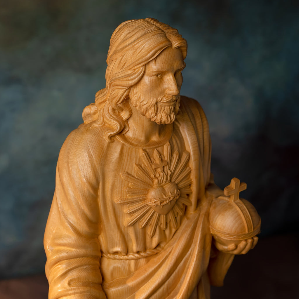 1pc Hand Carved Boxwood Jesus Sacred Heart Statue, Indoor Home Living Room Bedroom Decoration, Christian Gift Art Statue