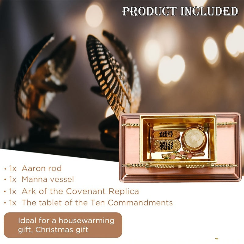 4-Piece Traditional Metal Ark of the Covenant Set - Home Decor Replicas, Jewish Religious Statues, Golden Jars, Aaron's Rod, Mana Pot, Rattan Staff - Suitable for Easter, Halloween, Hanukkah, Independence Day, Universal Holid