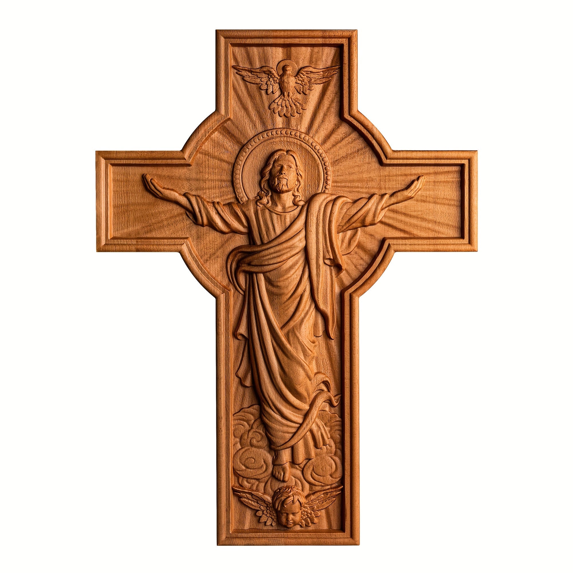 Hand-Carved Beechwood Easter Ascension Cross - Vintage Religious Home Decor, Intricate Christian Gift with Hanging Buckle, Perfect for Indoor Table Display & Unique Holiday Gift Options