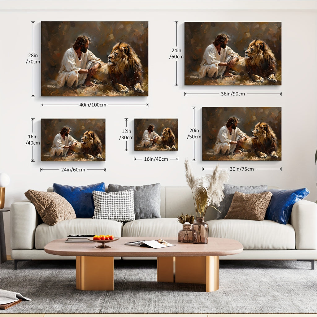 1pc Framed Lion and Jesus Canvas Wall Decor Striking Lion of Judah Poster with Savior Inspirational Christian Art for Office Church and Home Ready to Hang