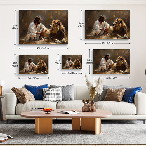 1pc Framed Lion and Jesus Canvas Wall Decor Striking Lion of Judah Poster with Savior Inspirational Christian Art for Office Church and Home Ready to Hang